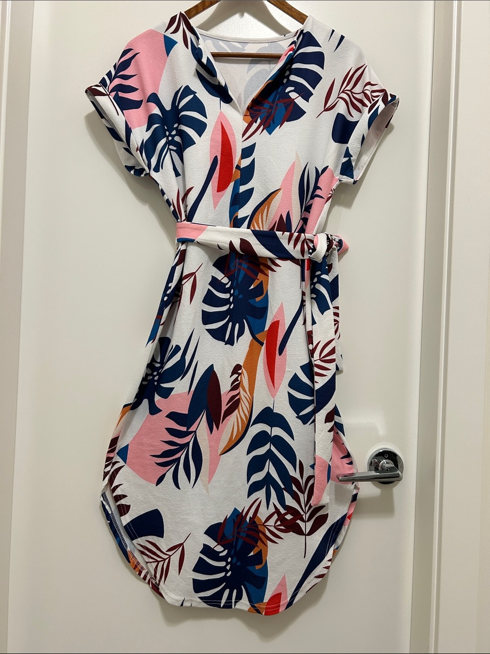 Brand New Tropical Leaf Print Belted Shirt Dress - Pink, Navy & White